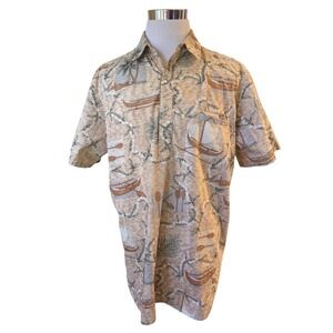 Barefoot in Paradise Pullover Shirt Mens XL Tall Tan Hawaiian Canoe Print USA